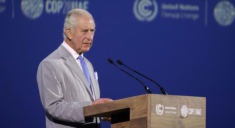 King Charles III addressing the World Climate Action Summit during the UN Climate Change Conference, COP28, at Expo City in Dubai, United Arab Emirates.
